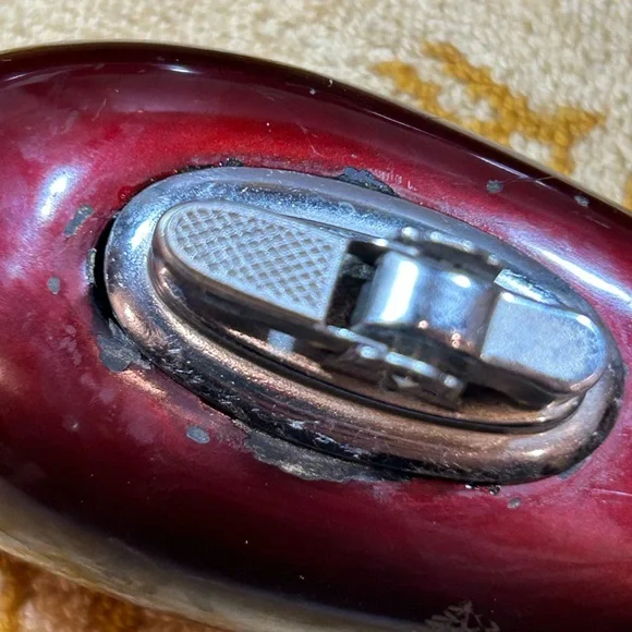 50’s CERAMIC ASHTRAY & LIGHTER Set oxblood MOP inlaid boomerang Japan